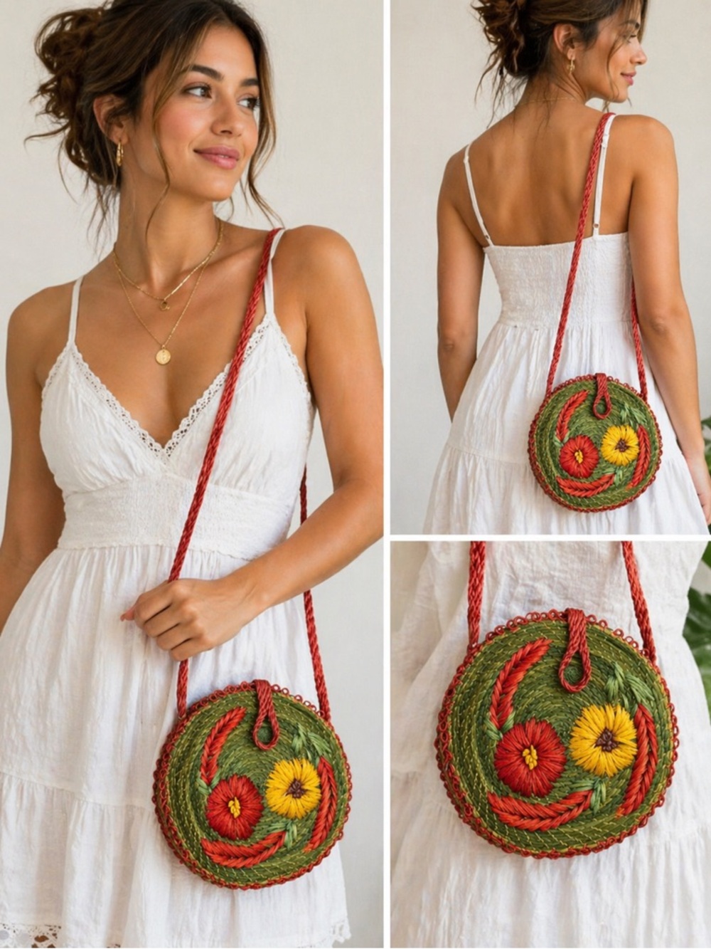 Vintage Handwoven Straw Floral Round Purse Boho Playful Crossbody Bag